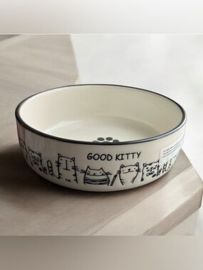 NEW Good Kitty Pet Food Water Bowl Paw Print Cat Kitten Black White Ceramic